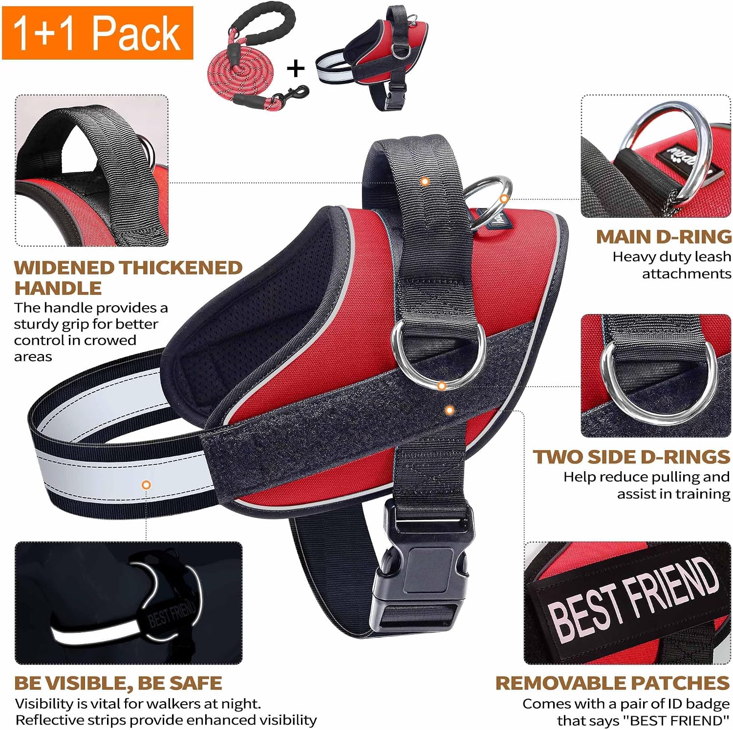 Haapaw Essential Dog Harness, No Pull Pet Vest with 3 Leash Clips, No Choke, Reflective, Adjustable and Padded, for Easy Walking and Training for Large Dogs(L, Red)